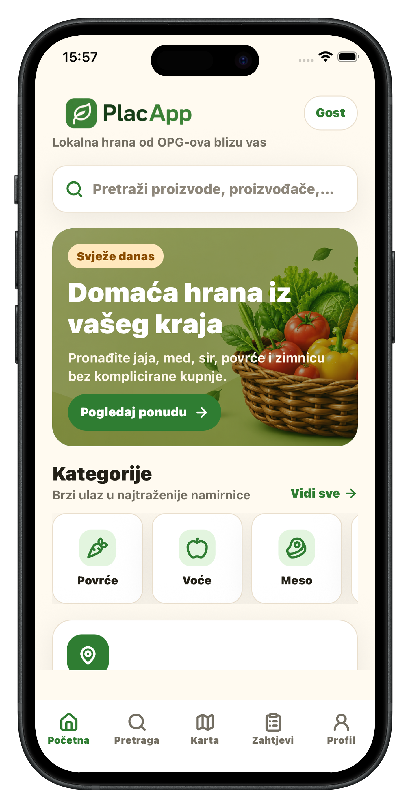 PlacApp početni zaslon s bannerom, kategorijama i lokalnim proizvodima
