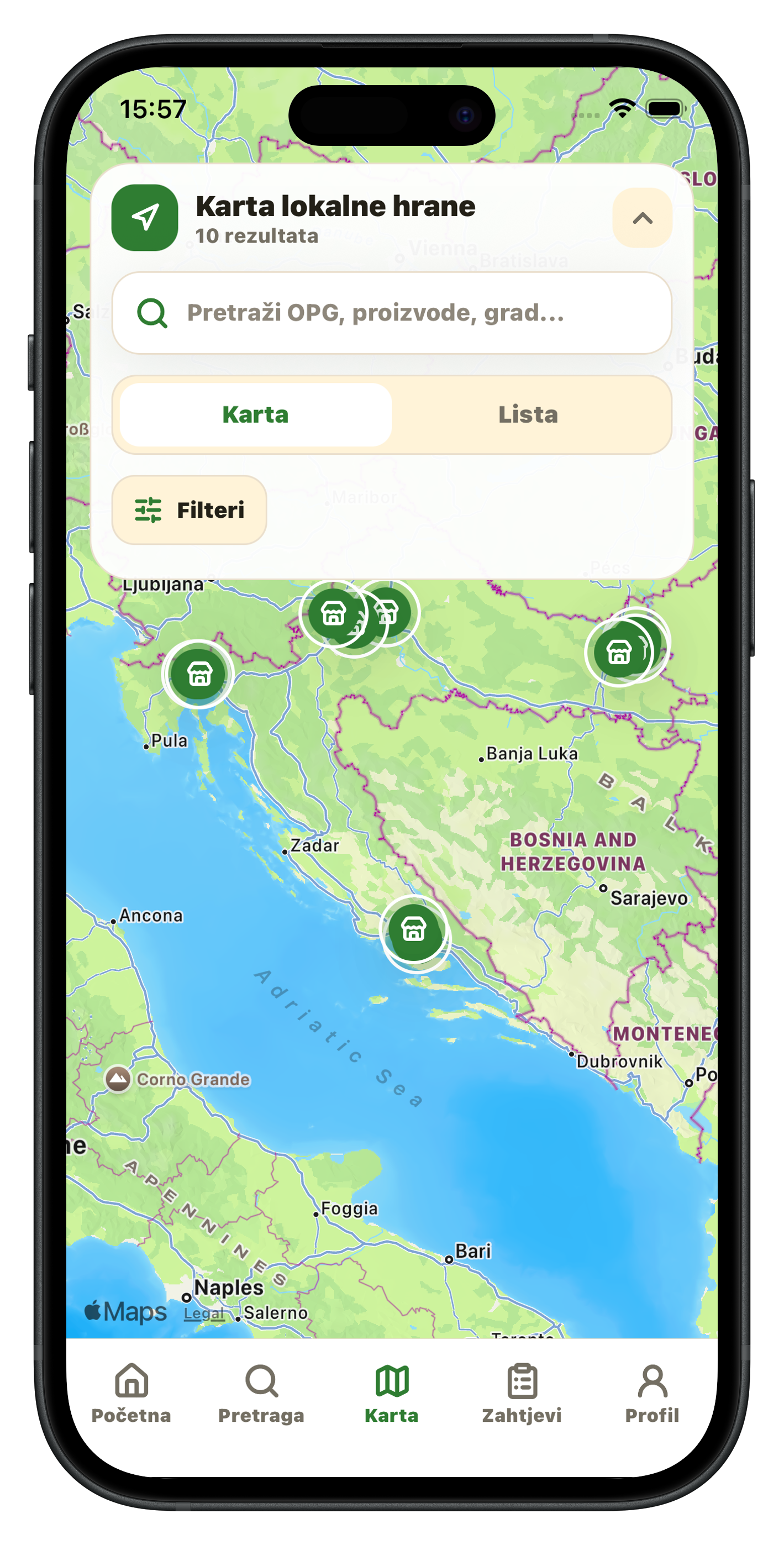 PlacApp karta s lokalnim OPG profilima i proizvođačima