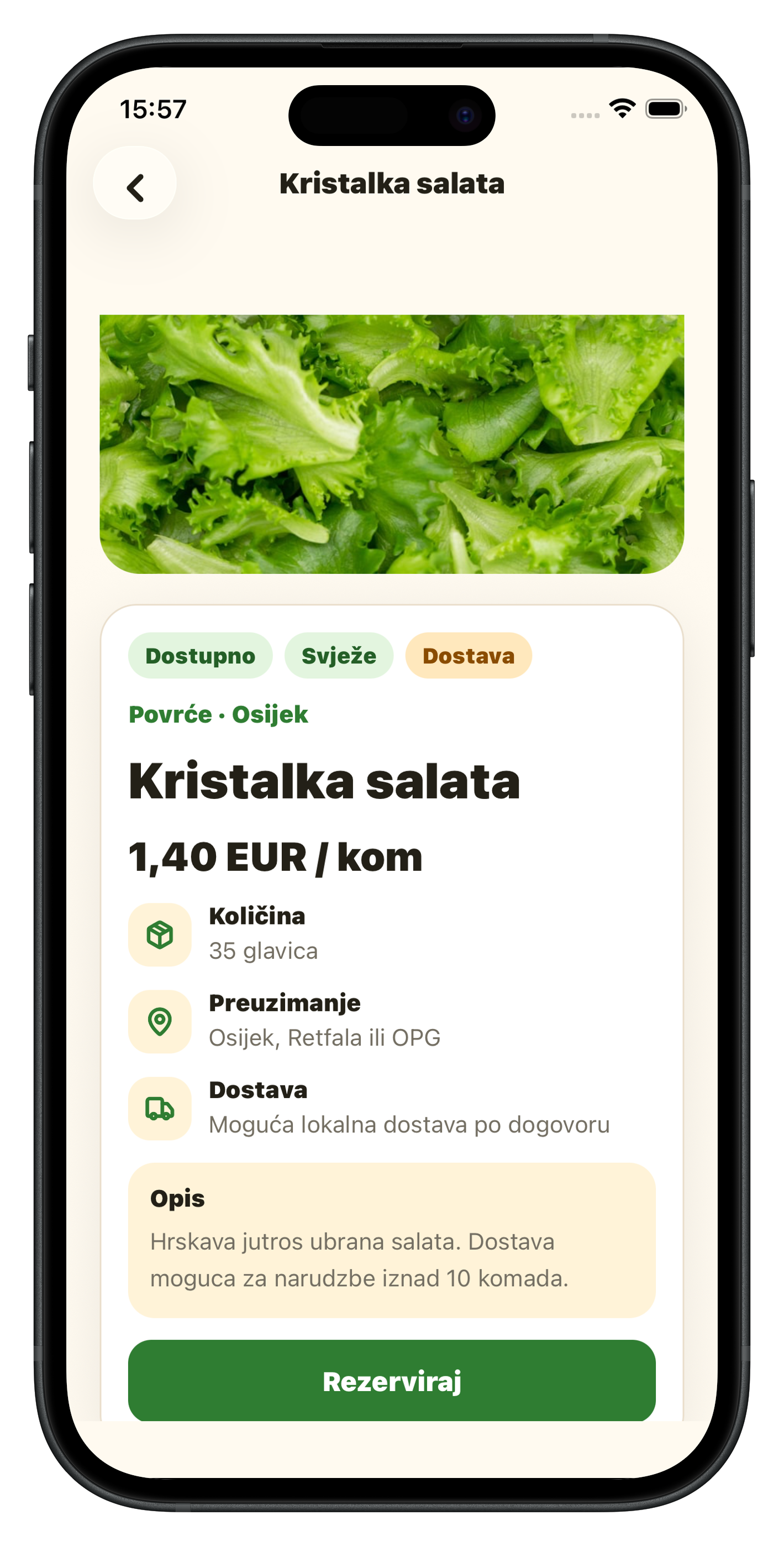 PlacApp detalj proizvoda s cijenom, količinom, preuzimanjem i proizvođačem