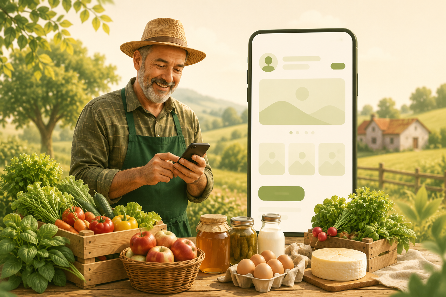 Lokalni proizvođač s mobitelom i domaćim proizvodima tijekom onboarding procesa